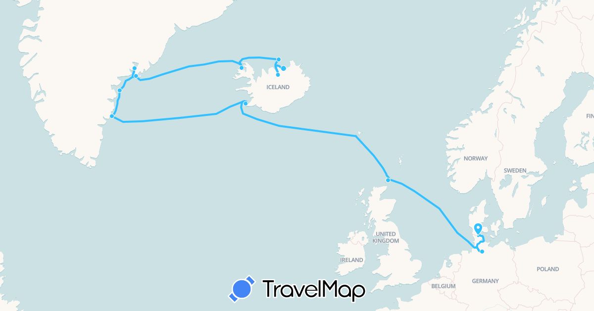 TravelMap itinerary: driving, boat in Germany, United Kingdom, Greenland, Iceland (Europe, North America)