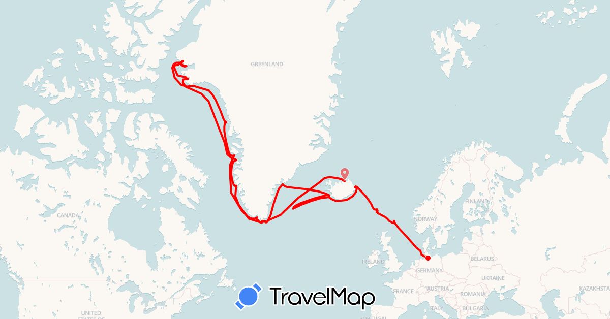 TravelMap itinerary: driving, dagmar aaen in Germany, Faroe Islands, United Kingdom, Greenland, Iceland (Europe, North America)